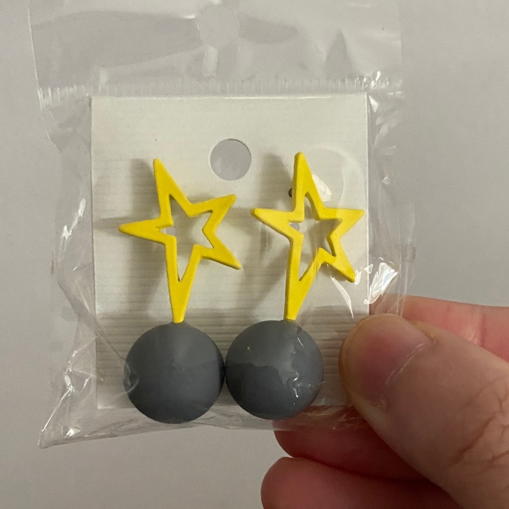 Yellow Star and Gray Ball Earrings